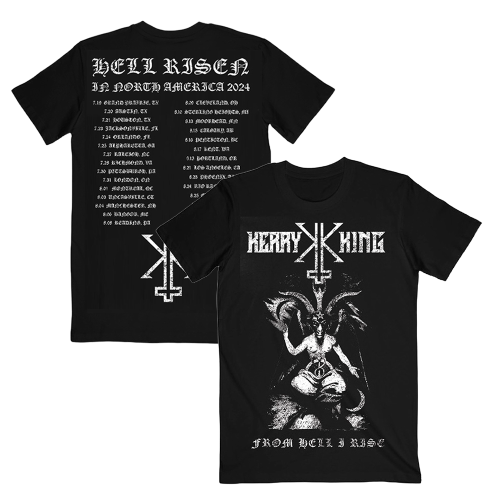 Black crew neck t-shirt with a graphic print of Baphomet and text detailing the 'Hell Risen' tour events on the front and back.