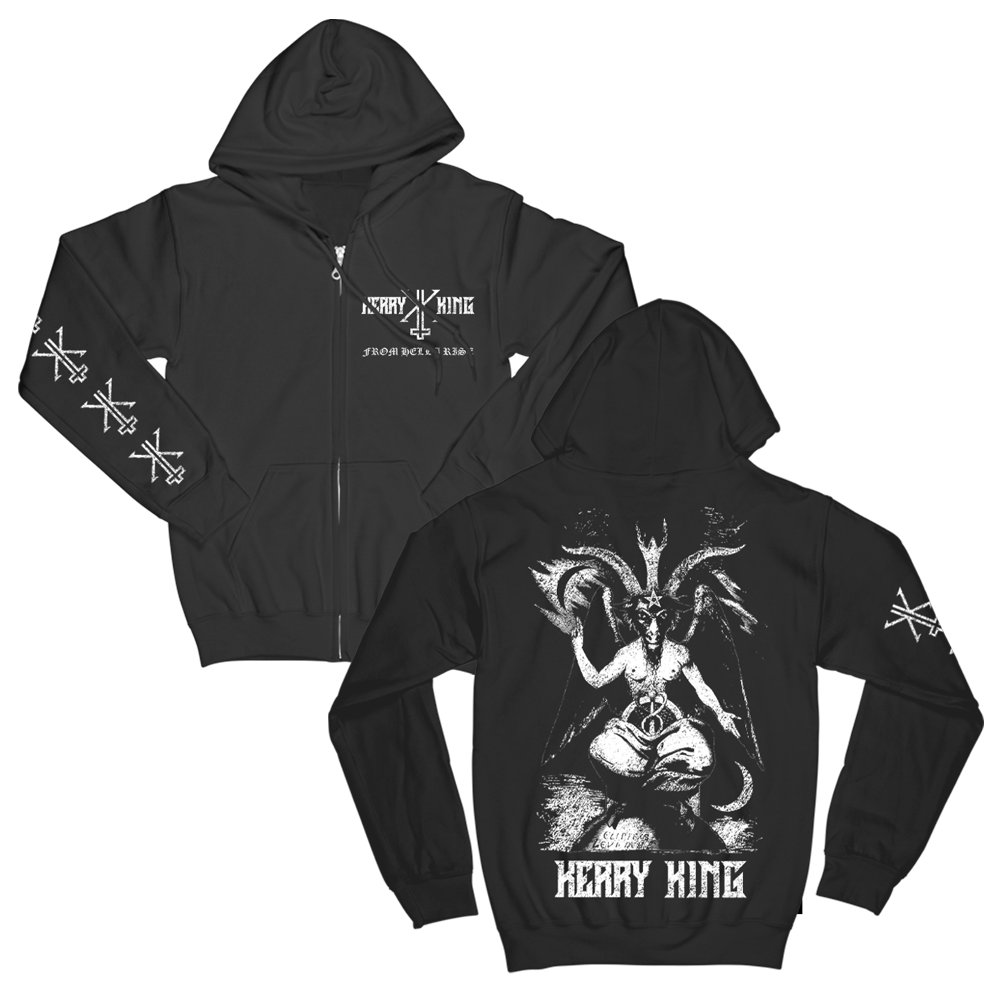 Kerry King Baphomet Zip Hoodie has a Baphomet printed on the back, Kerry King Logo printed on the front, and KK printed on the sleeves.