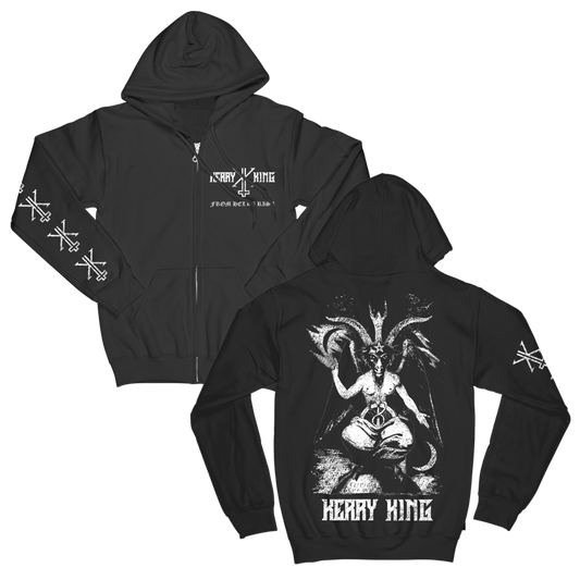 Kerry King Baphomet Zip Hoodie has a Baphomet  printed on the back, Kerry King Logo printed on the front, and KK printed on the sleeves.