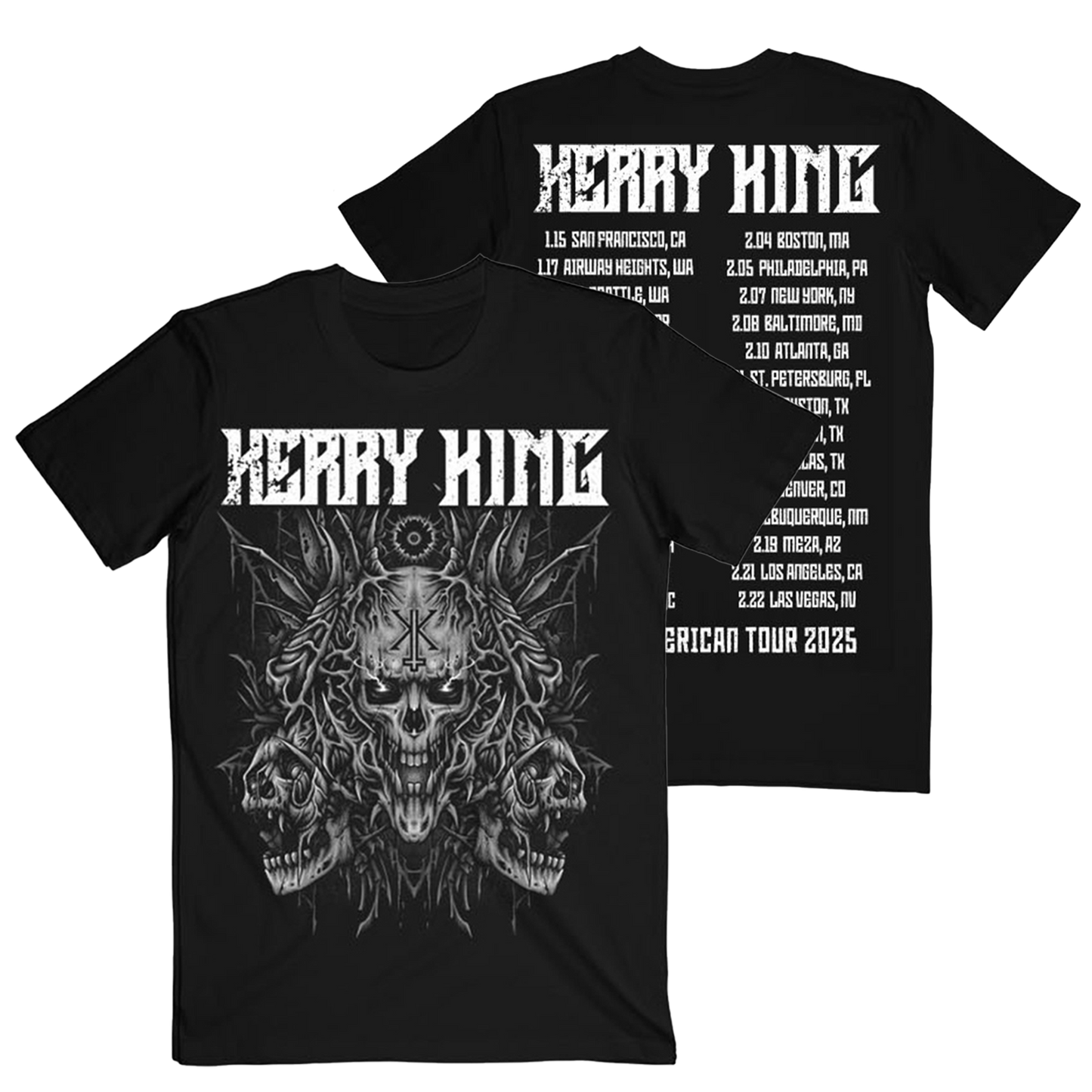 Black crew neck t-shirt with a graphic print of a skull and tour dates, and text that includes the name 'Kerry King' and 'North American Tour 2025'.