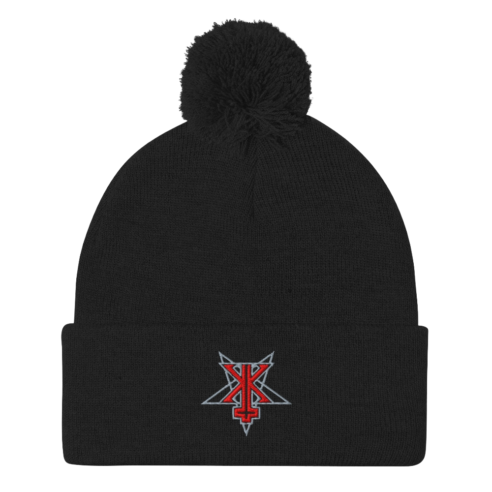 Black beanie with pom-pom and embroidered logo on a white background