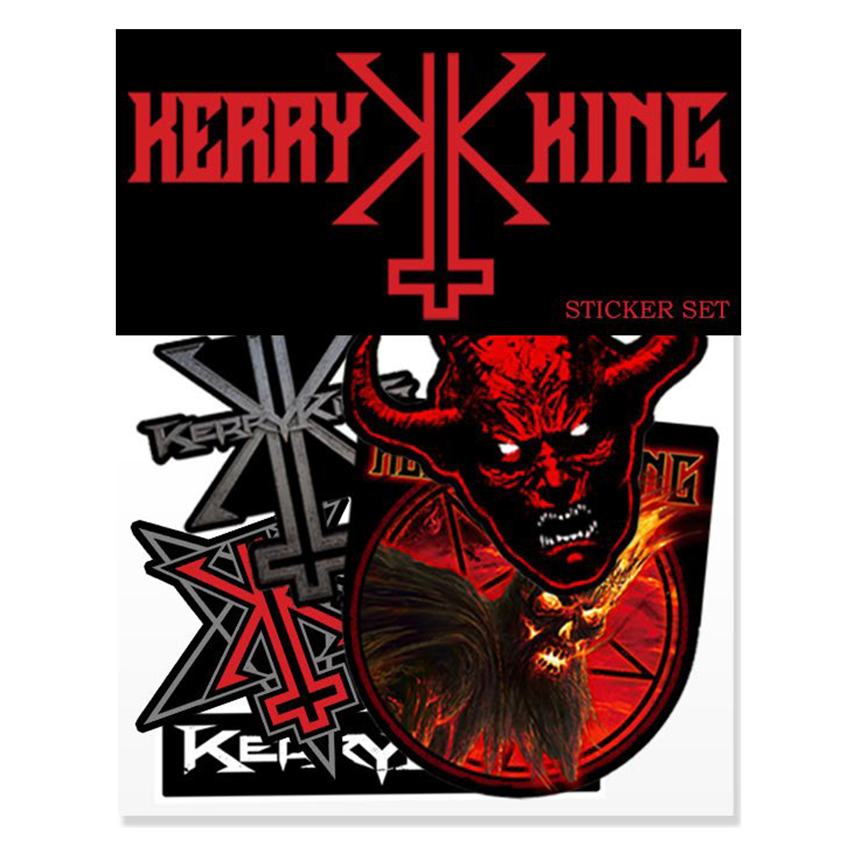 The Kerry King Sticker Set features unique designs inspired by the legendary Slayer guitarist. Stickers are approximately 4" wide.