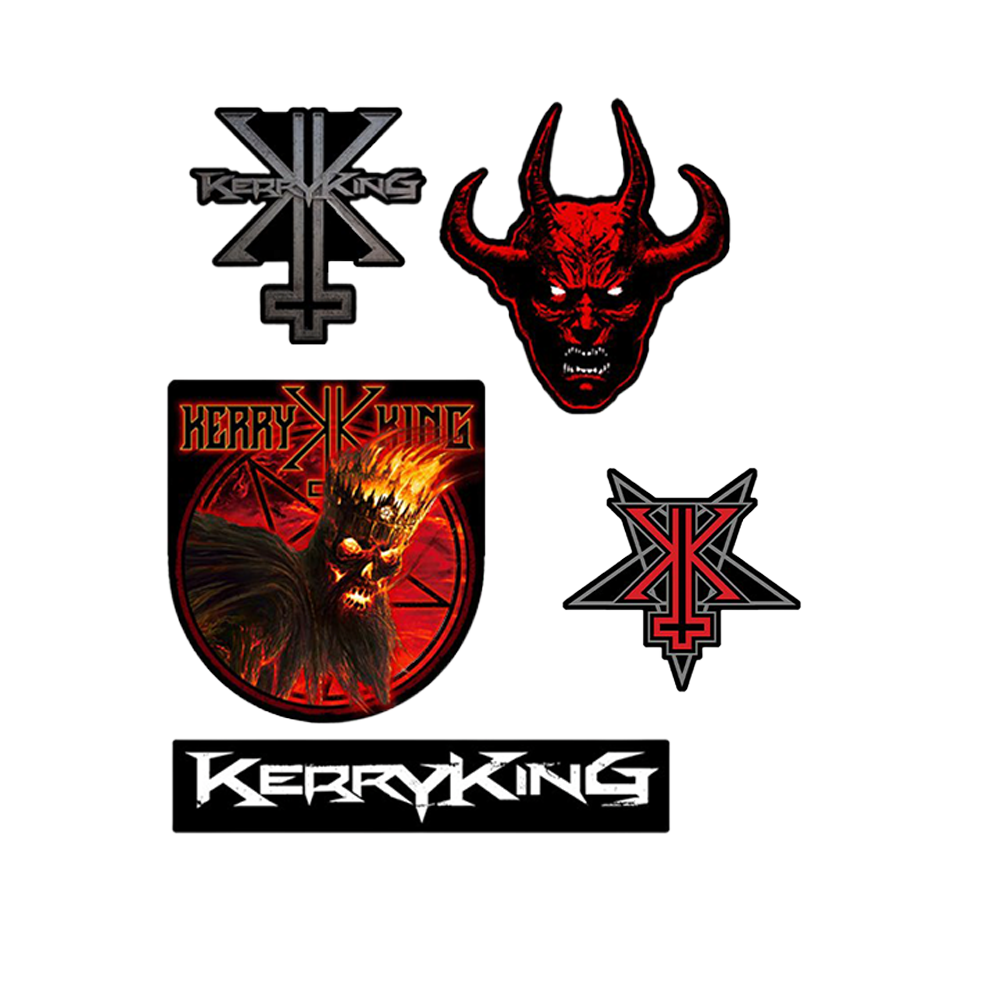 The Kerry King Sticker Set features unique designs inspired by the legendary Slayer guitarist. Stickers are approximately 4" wide.