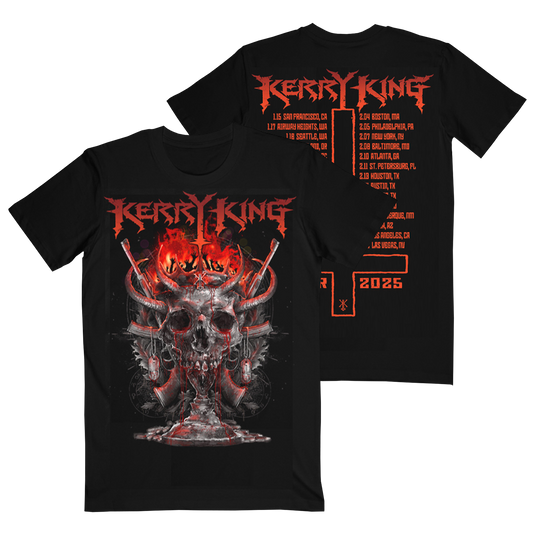Black crew neck t-shirt with a graphic print of a skull and tour dates, text in red and white on the front and back.