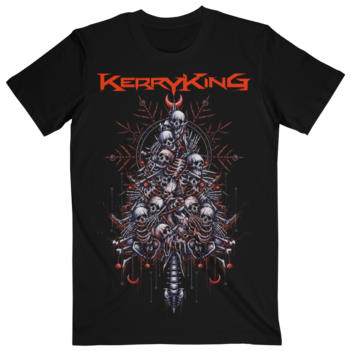 The Tannenbaum Holiday Tee, inspired by Slayer's own Kerry King! This tee combines the season's spirit with an edge, featuring a bold graphic of a classic holiday tree reimagined with metal-inspired details, including barbed garlands, spiked ornaments, and a star topper that nods to King’s iconic style.
