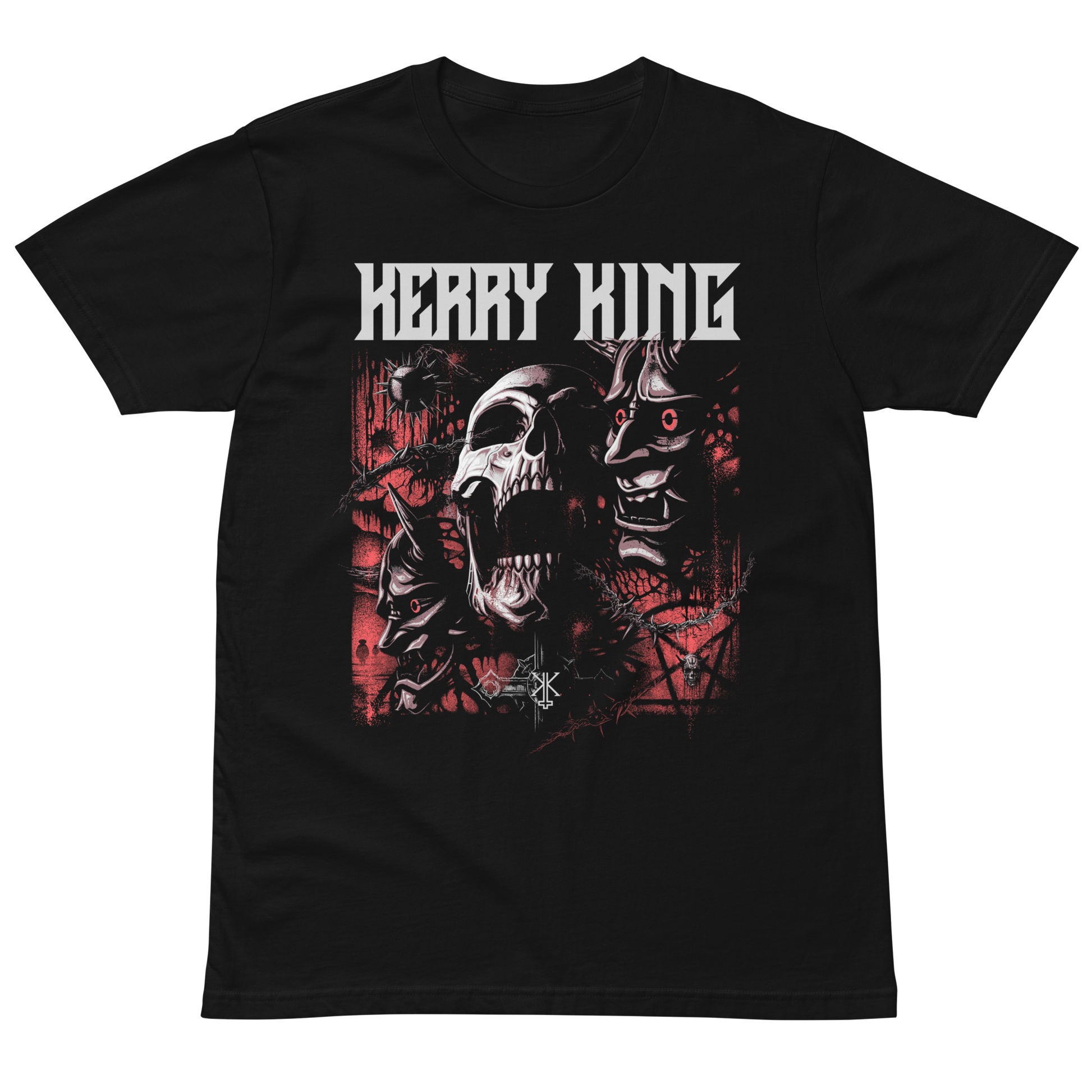 The Kerry King T-Shirt features a bold KERRY KING logo with a red-and-black skull graphic on the front. It’s made from soft, premium combed cotton with a regular fit and classic crew neck. Pre-shrunk fabric helps it keep its size and shape wash after wash.