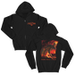 Black hoodie with screen-printed design featuring a fiery artwork on the front and smaller text on the back, along with a metal zipper.