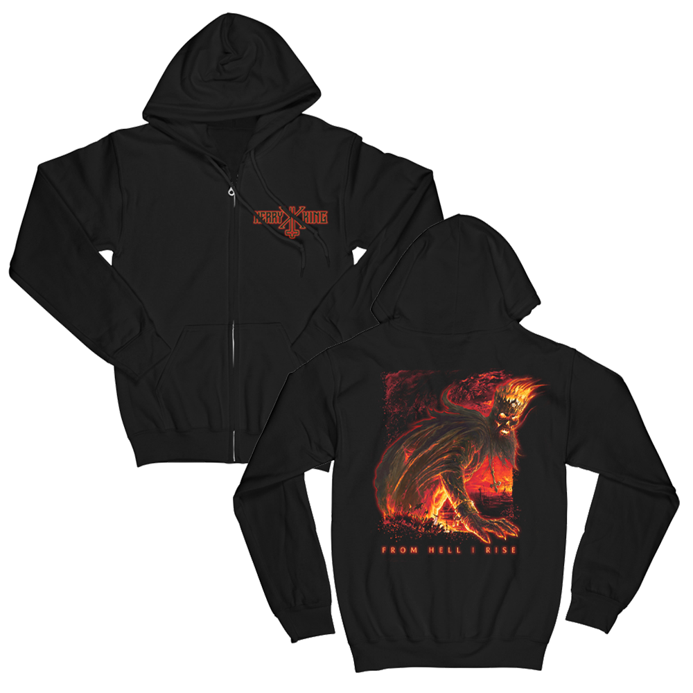 Black hoodie with screen-printed design featuring a fiery artwork on the front and smaller text on the back, along with a metal zipper.