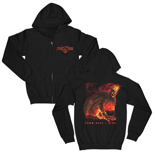 Black hoodie with screen-printed design featuring a fiery artwork on the front and smaller text on the back, along with a metal zipper.