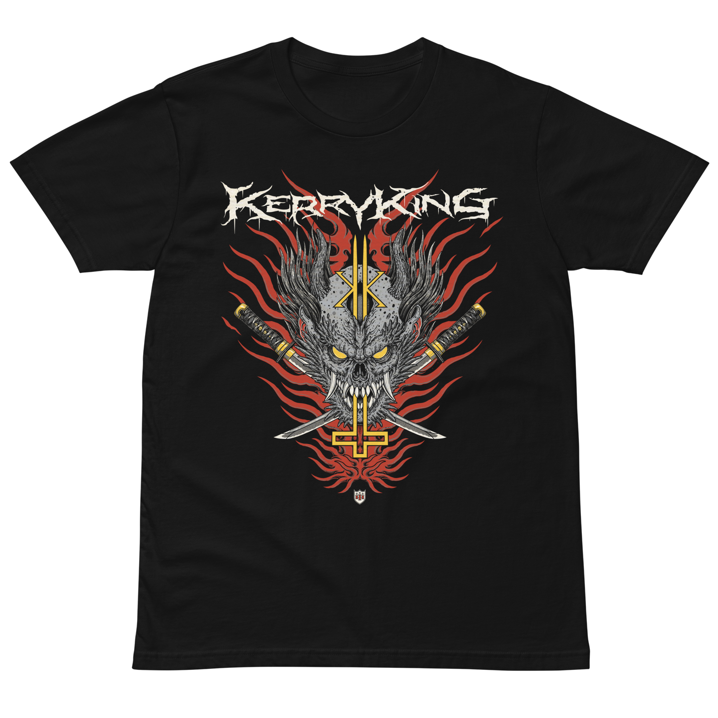 This Kerry King tee features a large front graphic with the Kerry King logo above a horned skull, crossed swords, and red flames with gold accents. Printed on a soft, premium cotton tee with a regular fit and crew neck.