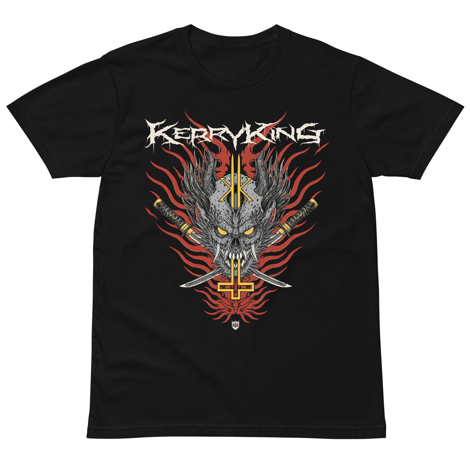 This Kerry King tee features a large front graphic with the Kerry King logo above a horned skull, crossed swords, and red flames with gold accents. Printed on a soft, premium cotton tee with a regular fit and crew neck.