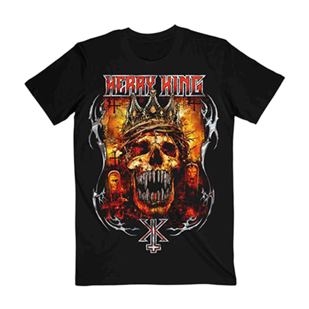 The Bullet Skull Tee showcases a striking skull with intricate details, crowned in the legendary style of Slayer's guitarist, Kerry King. This design embodies strength and accuracy, perfectly capturing the unparalleled energy brought by King to every live show.