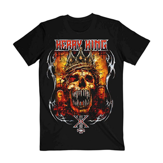 The Bullet Skull Tee showcases a striking skull with intricate details, crowned in the legendary style of Slayer's guitarist, Kerry King. This design embodies strength and accuracy, perfectly capturing the unparalleled energy brought by King to every live show.