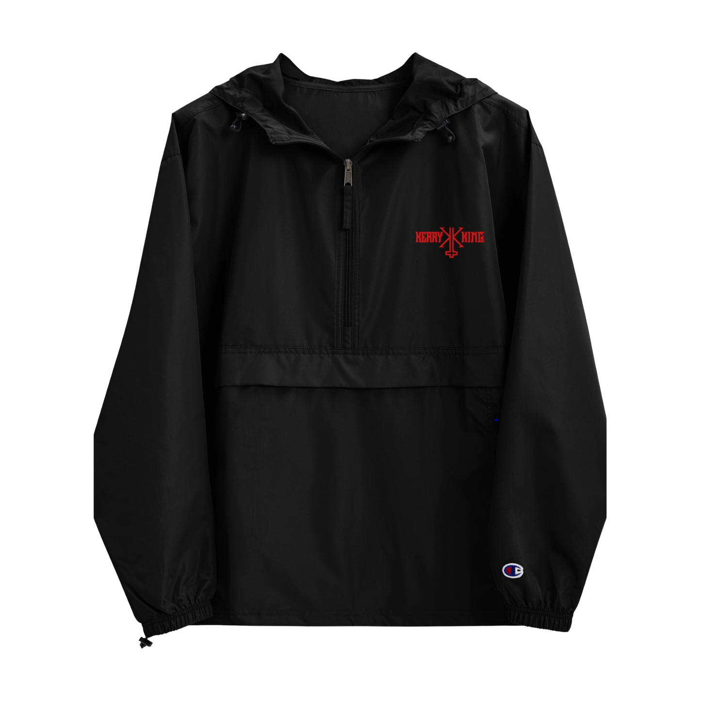 Black hooded Kerry King x Champion Windbreaker Jacket that features an embroidered red Kerry King logo printed on the front.