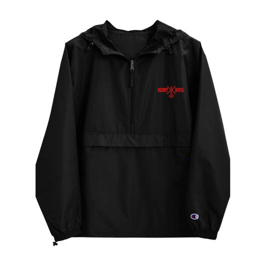 Black hooded Kerry King x Champion Windbreaker Jacket that features an embroidered red Kerry King logo printed on the front.