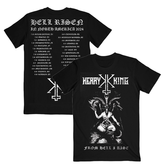 Black crew neck t-shirt with a graphic print of Baphomet and text detailing the 'Hell Risen' tour events on the front and back.