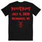 A black short-sleeve t-shirt with a red graphic print on the back. The print features the text 'KERRY KING' in a stylized font, followed by 'JULY 4, 2026' and 'MILWAUKEE, WI' in a block font, and a red symbol below.