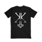 Black crewneck t-shirt with a front screen printed design featuring a chrome symbol