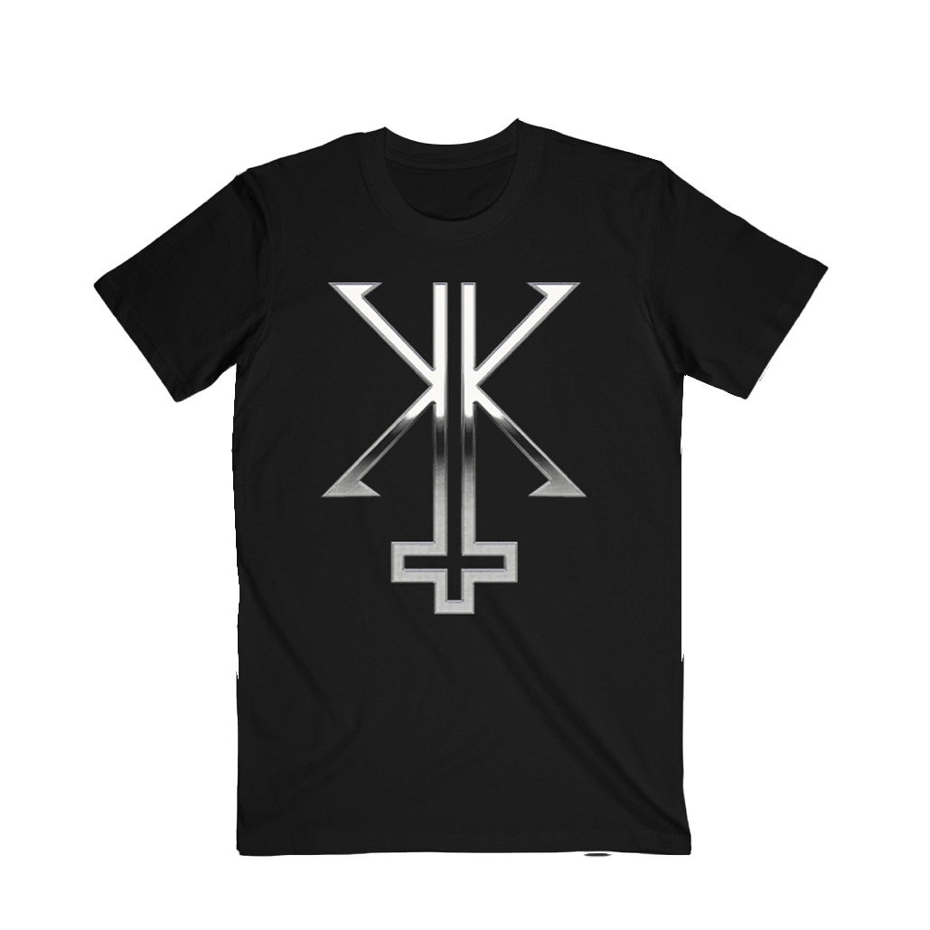 Black crewneck t-shirt with a front screen printed design featuring a chrome symbol