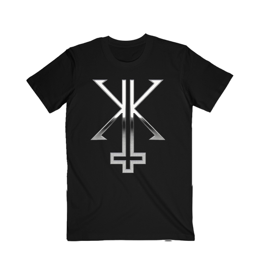 Black crewneck t-shirt with a front screen printed design featuring a chrome symbol