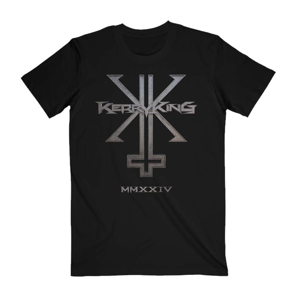 Black crew neck t-shirt with a screen printed design that appears to be a logo and the text 'Kerry King' and 'MXXXIV' on the front.