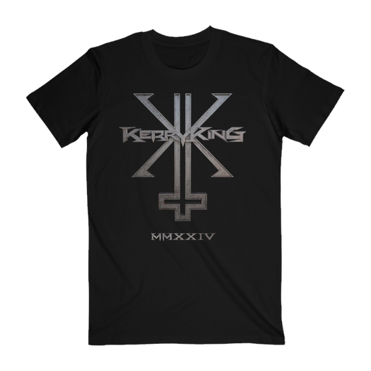 Black crew neck t-shirt with a screen printed design that appears to be a logo and the text 'Kerry King' and 'MXXXIV' on the front.