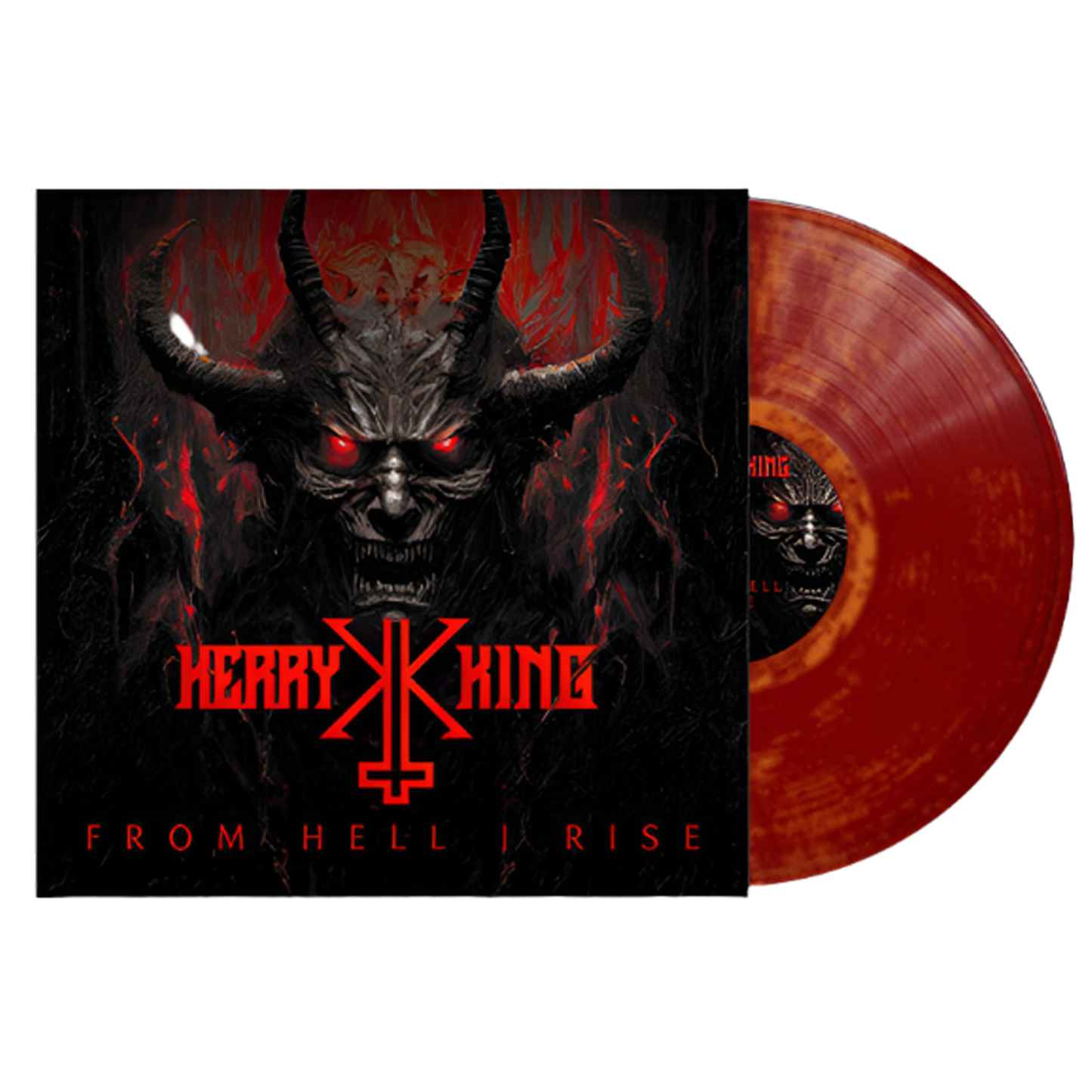 Vinyl record with a demon-themed cover featuring the title 'From Hell I Rise' by Heavy King.