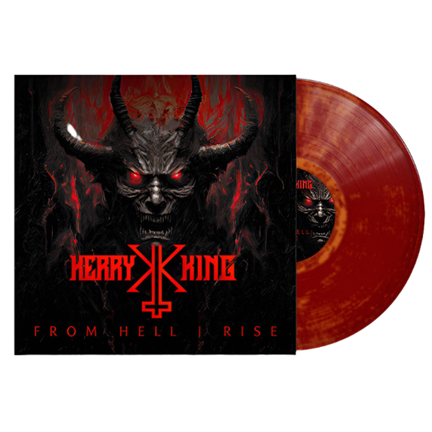 Vinyl record with a demon-themed cover featuring the title 'From Hell I Rise' by Heavy King.