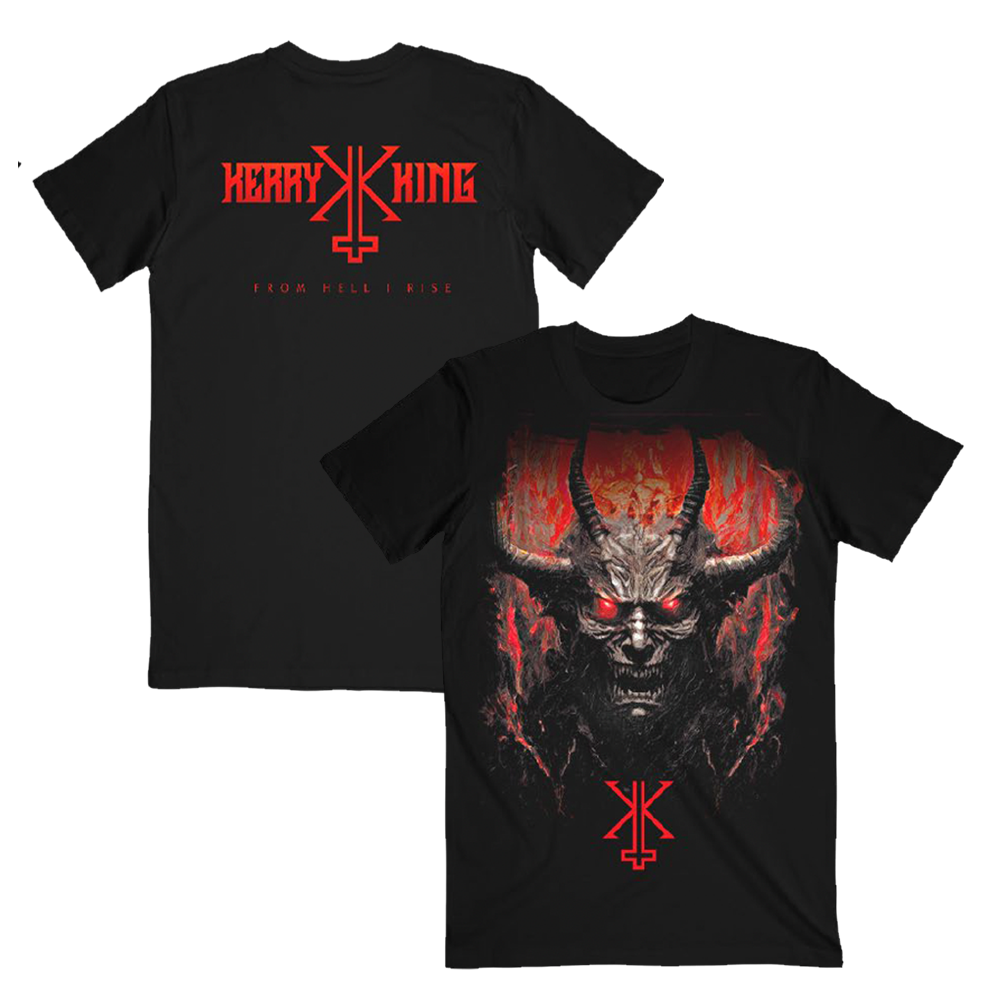 Black crewneck t-shirt with a graphic print of a fiery demon design on the front and 'Kerry King' text on the back.