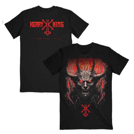 Black crewneck t-shirt with a graphic print of a fiery demon design on the front and 'Kerry King' text on the back.