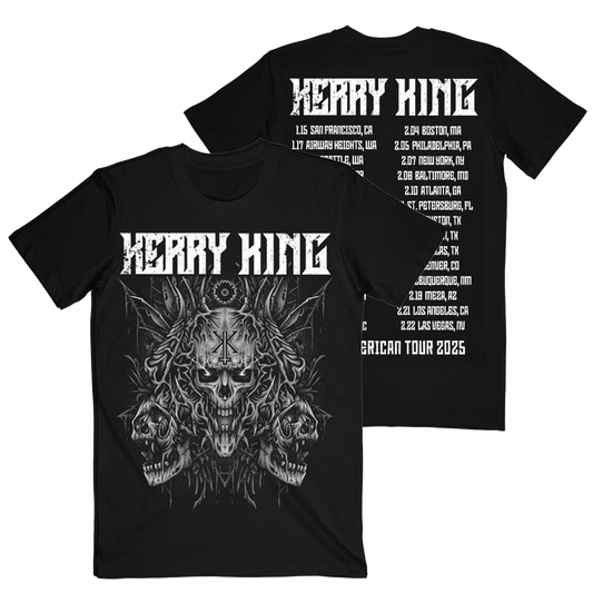 Black crew neck t-shirt with a graphic print of a skull and tour dates, and text that includes the name 'Kerry King' and 'North American Tour 2025'.