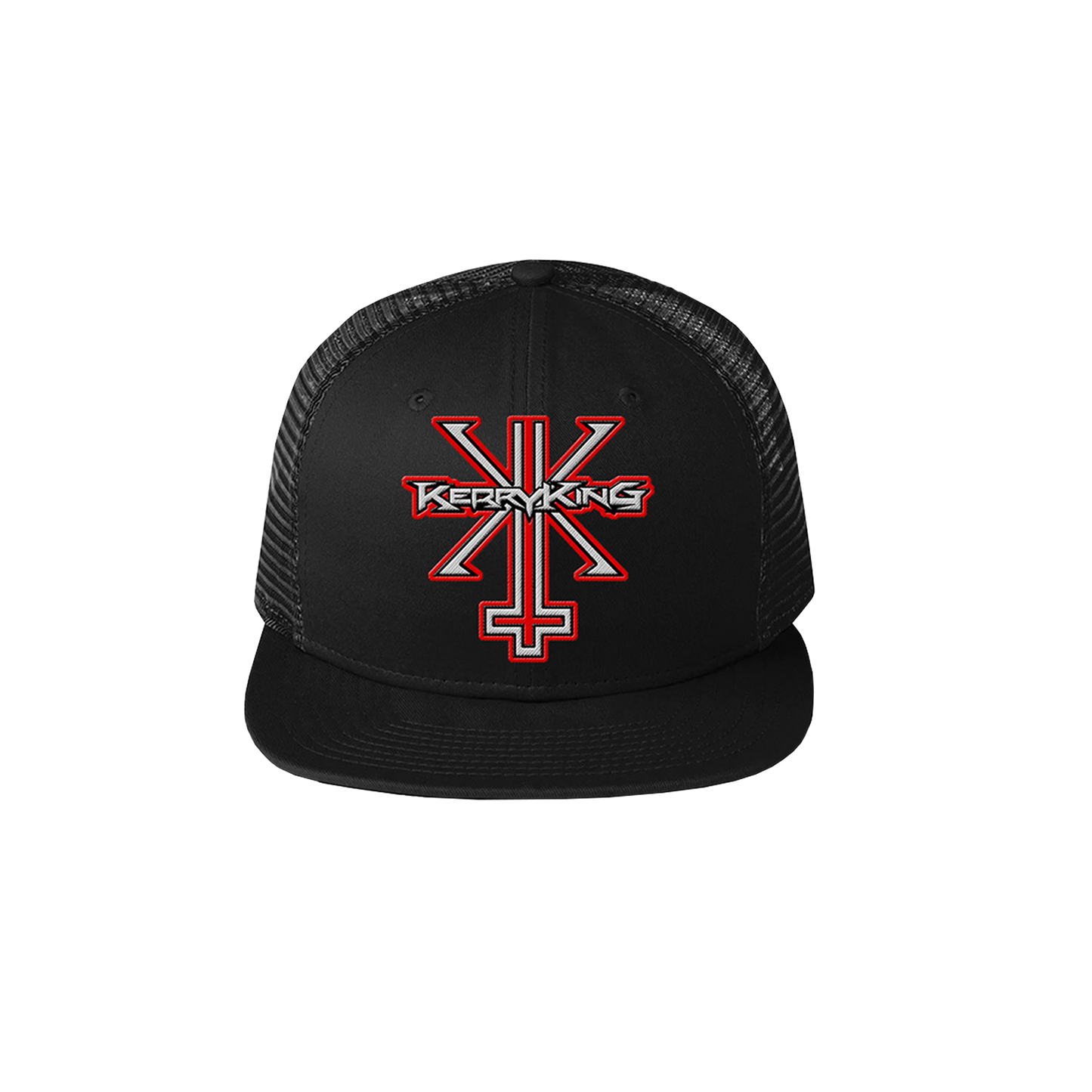 A black trucker hat with a red and white logo on the front.