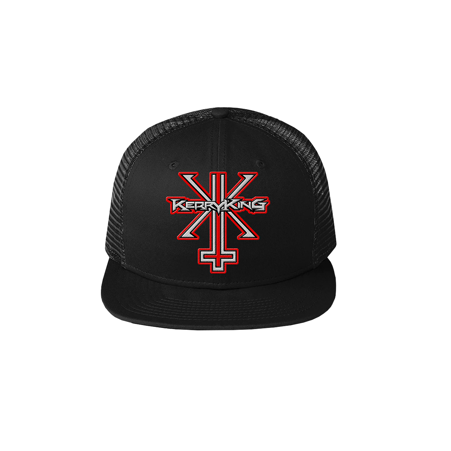 A black trucker hat with a red and white logo on the front.