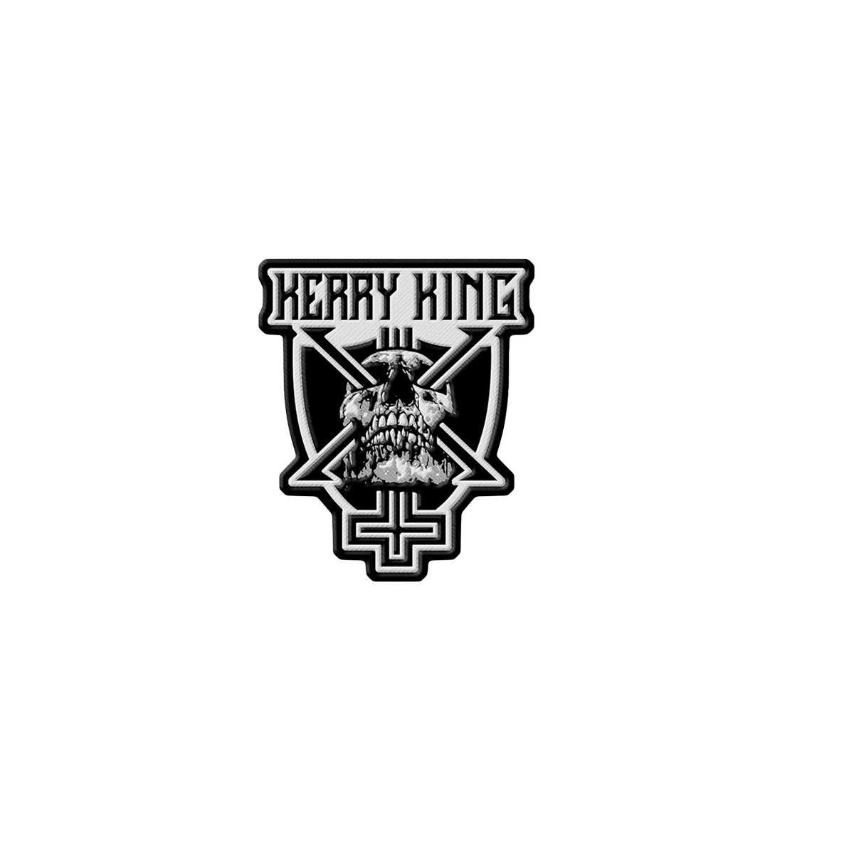 A black and white embroidered patch featuring a skull crest design with the text 'KERRY KING'.