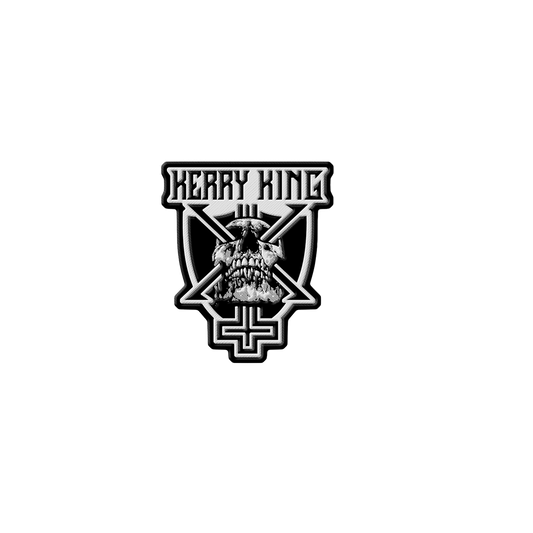 A black and white embroidered patch featuring a skull crest design with the text 'KERRY KING'.