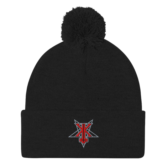 Black beanie with pom-pom and embroidered logo on a white background