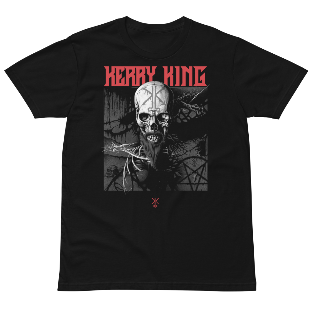 Black t-shirt with a graphic design featuring a skull and text on a white background