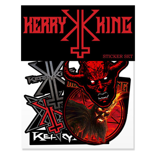 The Kerry King Sticker Set features unique designs inspired by the legendary Slayer guitarist. Stickers are approximately 4" wide.